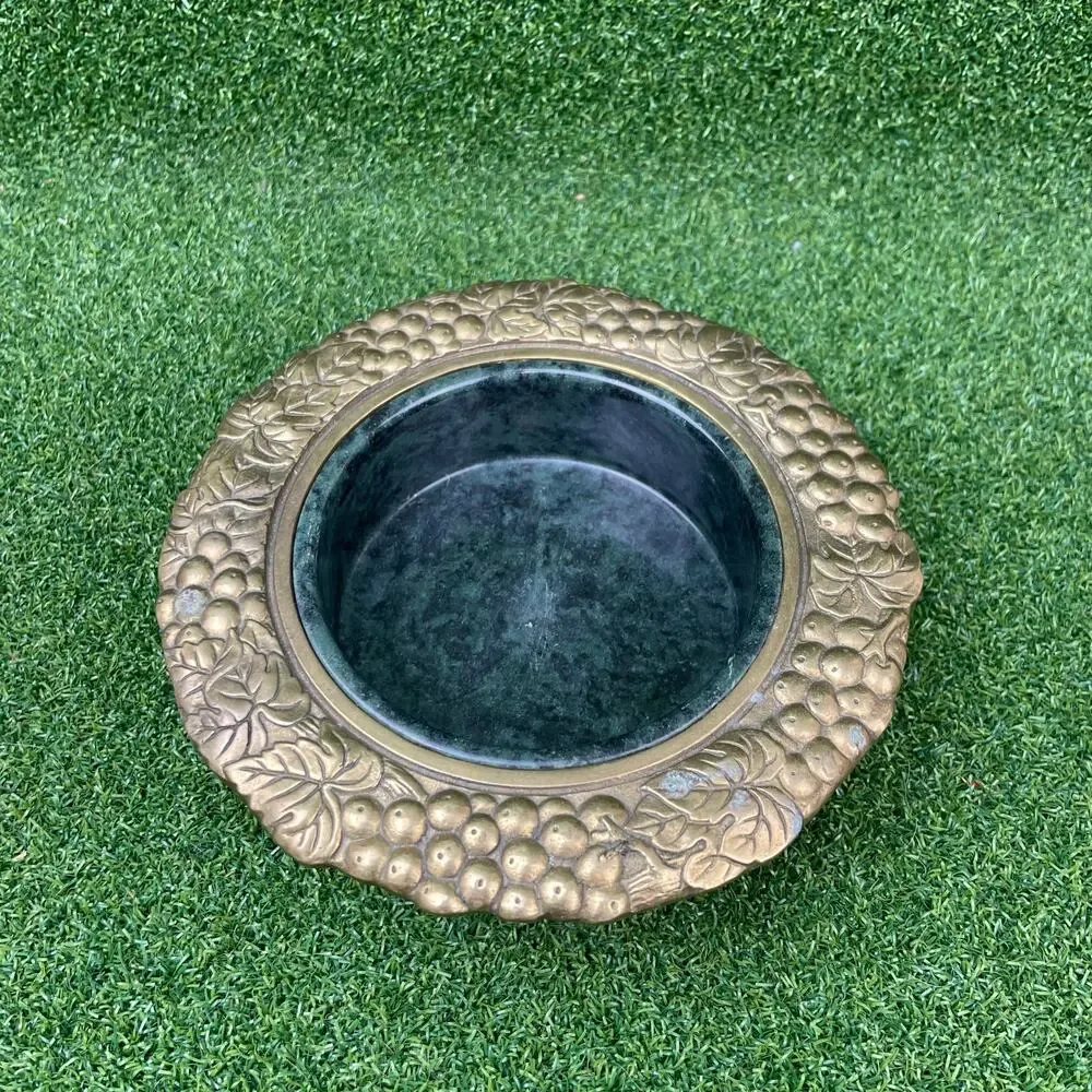 Vintage 1970s Green Marble Wine Coaster With Gold Grapevine